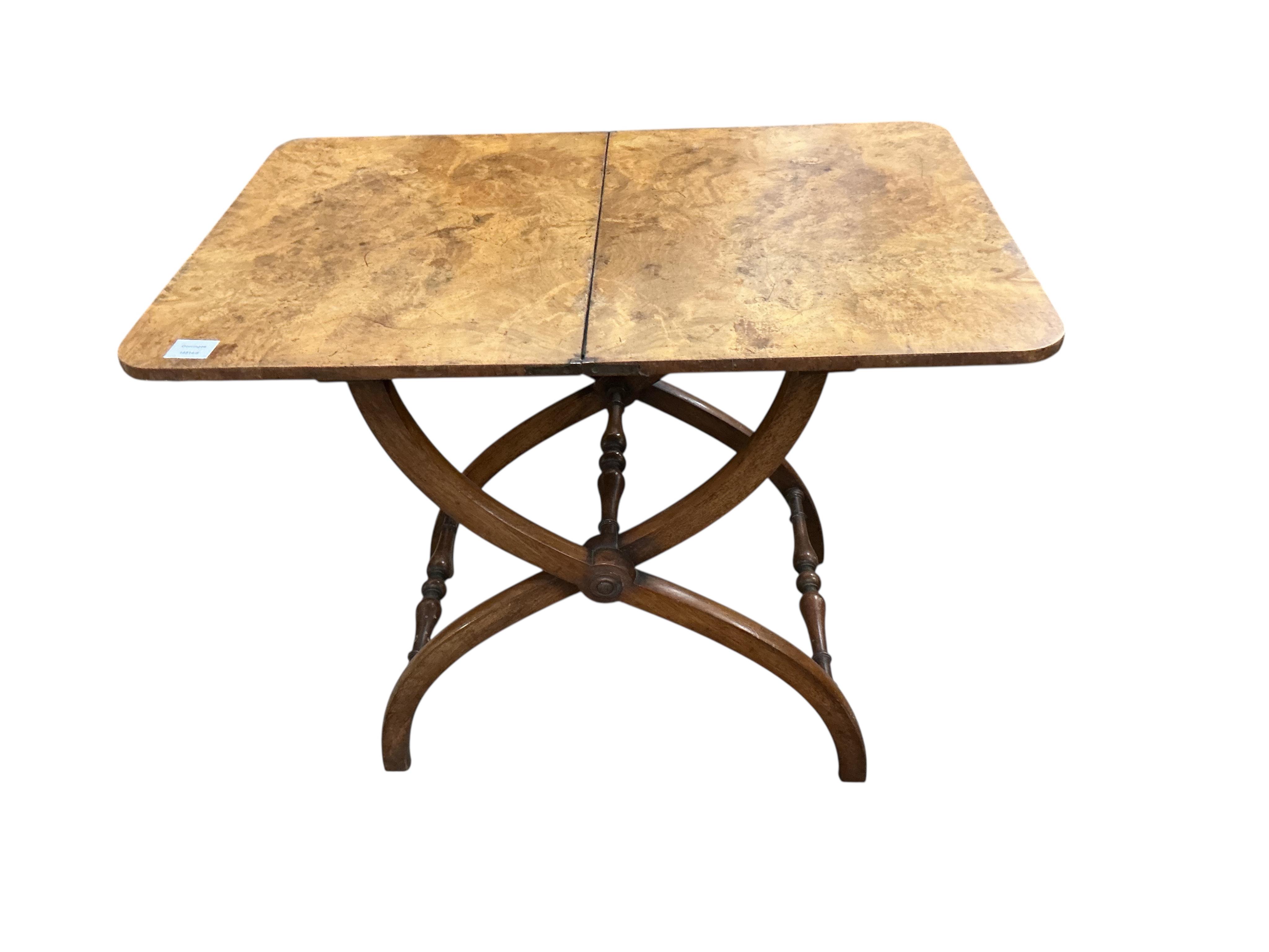 A Victorian burr walnut and mahogany rectangular folding coaching table, width 86cm, depth 58cm, height 70cm